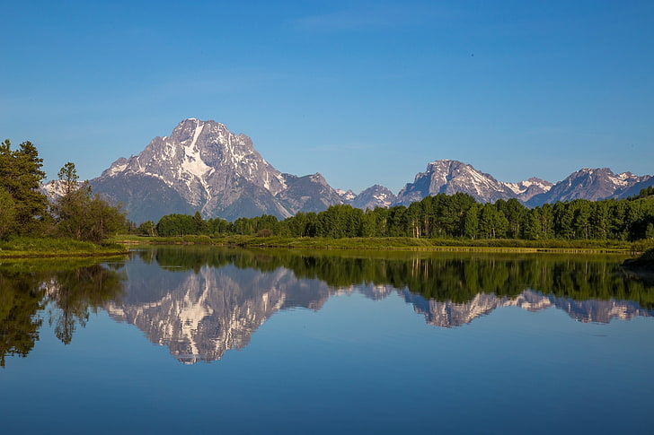 forest, mountains, reflection, river, tops, Wyoming, Grand Teton National Park