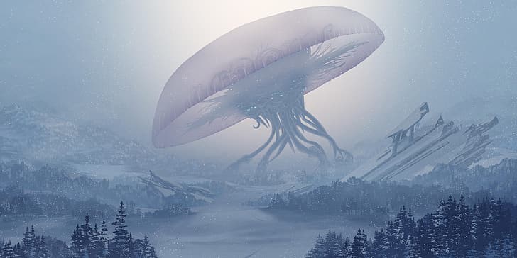 cosmic horror, winter, forest, snow, alien invasion
