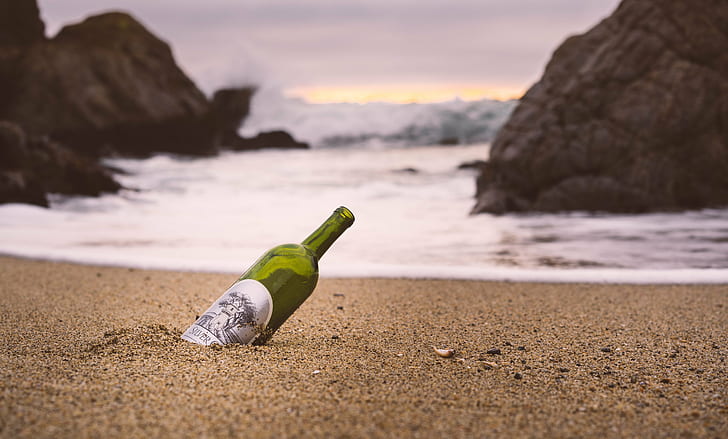 green tinted bottle near the seashore, Silver, Sunset, waves, HD wallpaper