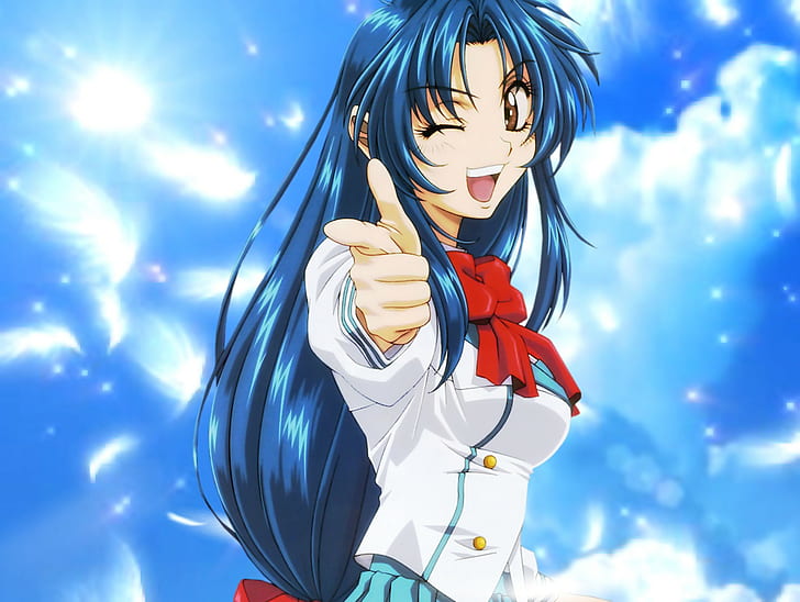 Full Metal Panic, Anime Girls, Chidori Kaname, Wink, Lovely, blue haired female anime character illustration