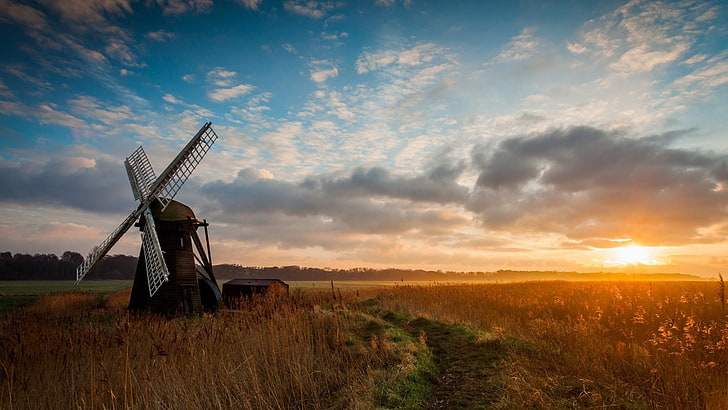 brown and gray windmill, nature, landscape, sunset, field, skyscape, HD wallpaper