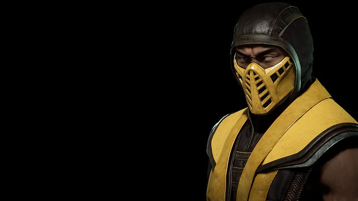 yellow, background, dark, Scorpio, ninja, Mortal Kombat, Scorpion, HD wallpaper