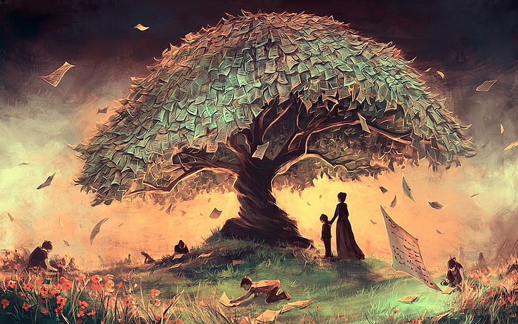 woman and children under tree wallpaper, woman and child under on tree of money illustration