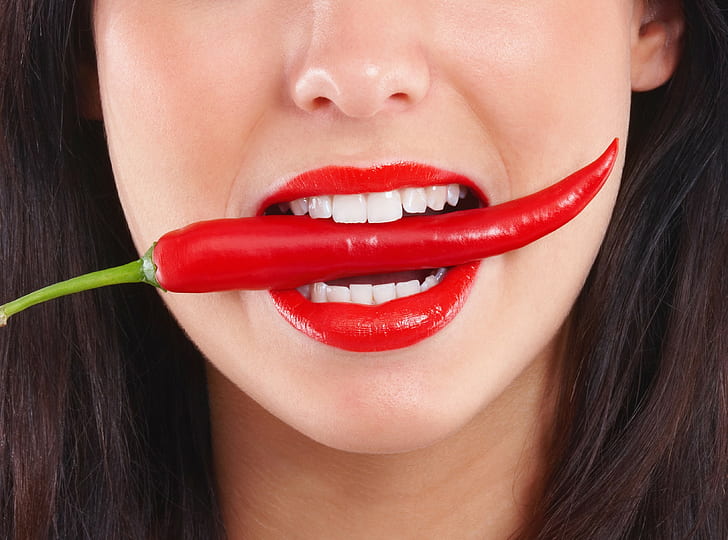 chilli peppers, juicy lips, red lipstick, mouth, women, teeth, HD wallpaper