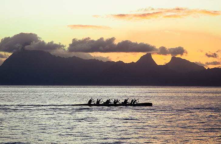 Tahiti Canoe at Sunset, island, exotic, evening, tropical, islands