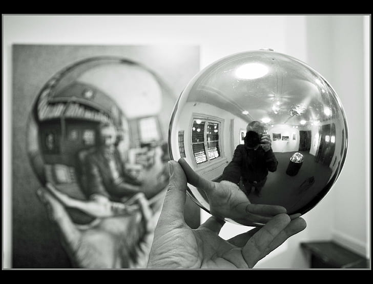 monochrome m c_ escher glass sphere men self shots camera hand reflection