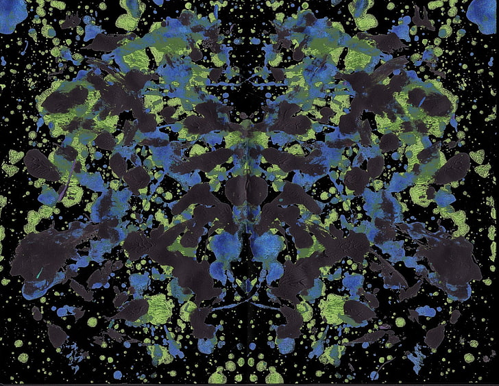 black, green, and blue painting, ink, paint splatter, symmetry
