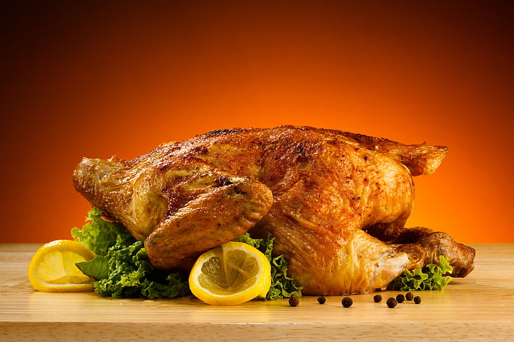 roasted chicken with lemon slices wallpaper, meat, grill, food