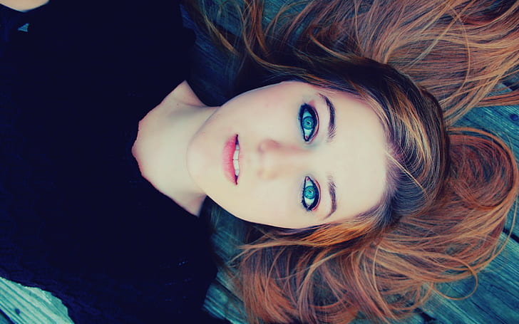 women, face, brunette, blue eyes, lying down, HD wallpaper