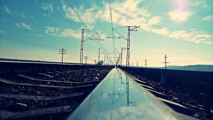 silver rails, power lines, railway, worm's eye view, landscape, HD wallpaper