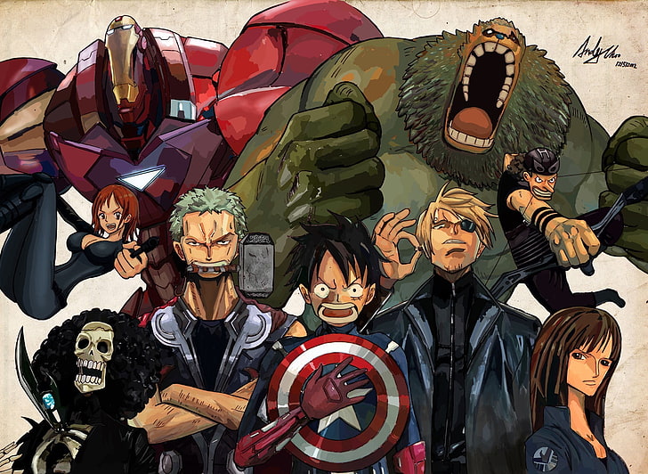 One Piece digital wallpaper, straw hat, The Avengers, Hulk, Thor