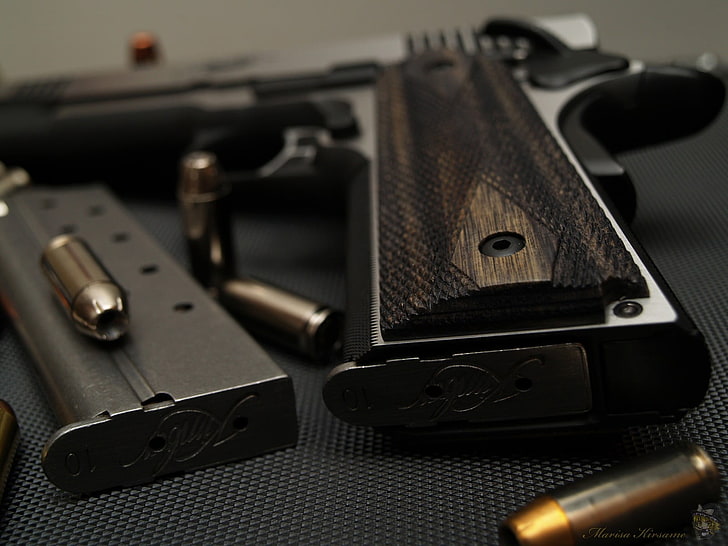 black semi-automatic pistol, gun, Colt 1911, M1911, weapon, handgun