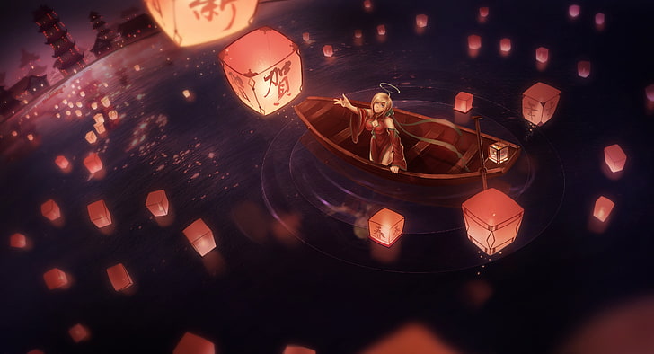 woman surrounded with lanterns anime illustration, sky lanterns