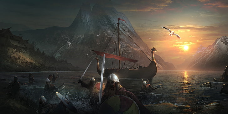 fantasy art, warrior, artwork, Vikings, water, nautical vessel