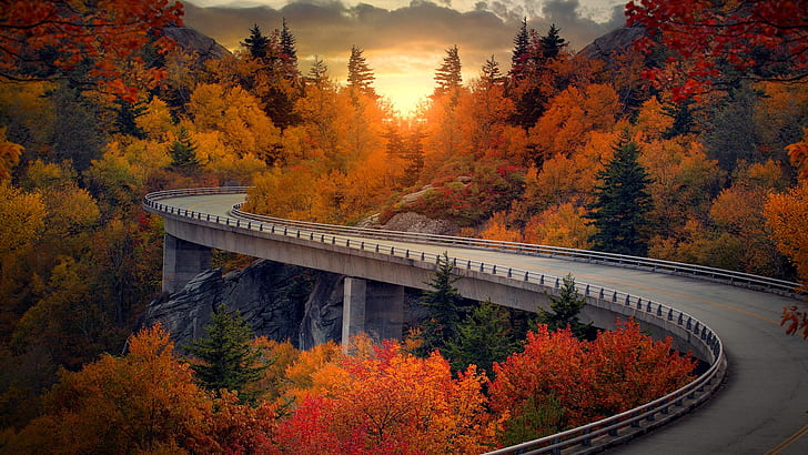 nature, landscape, fall, trees, bridge, clouds, sky, mountains