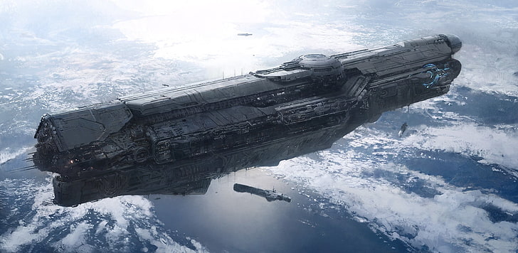 gray battleship, flying battleship hovering above earth, Halo