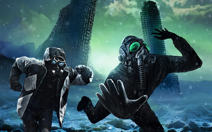 The end of the world, run and chase, black gas mask, HD wallpaper