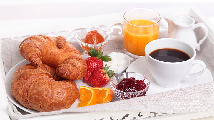 two croissants with strawberries, tea, food, breakfast, food and drink