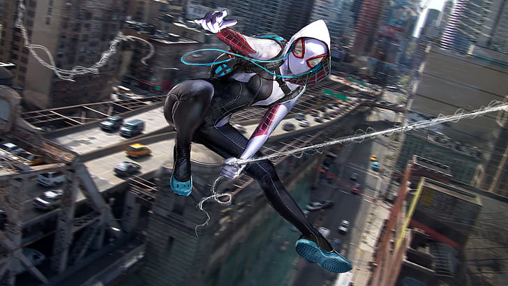 Spider-Man, Spider-Gwen, cityscape, motion blur, Spider Gwen