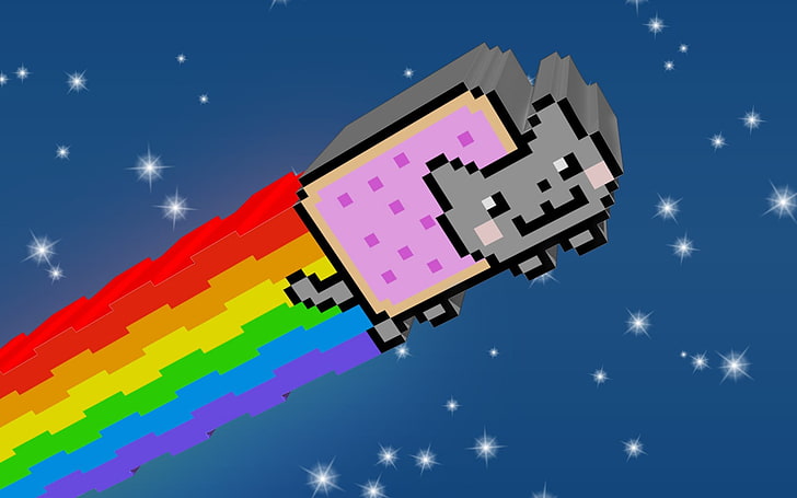 flying cat with rainbow digital wallpaper, Nyan Cat, 3D, sky
