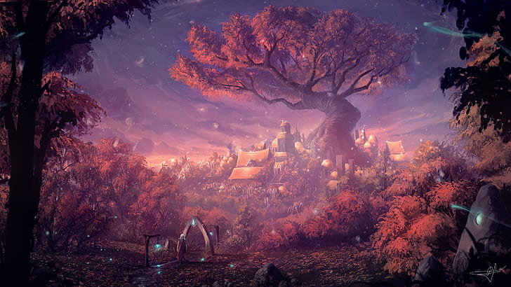forest, gate, settlement, Fantasy Forest City, HD wallpaper