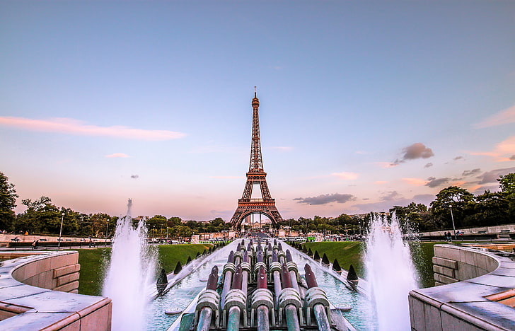 Eiffel Tower, Paris, gold evening, france, fountain, paris - France, HD wallpaper