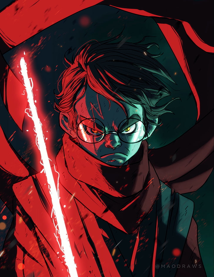 Harry Potter, Sith, lightsaber, glasses, drawing, HD wallpaper