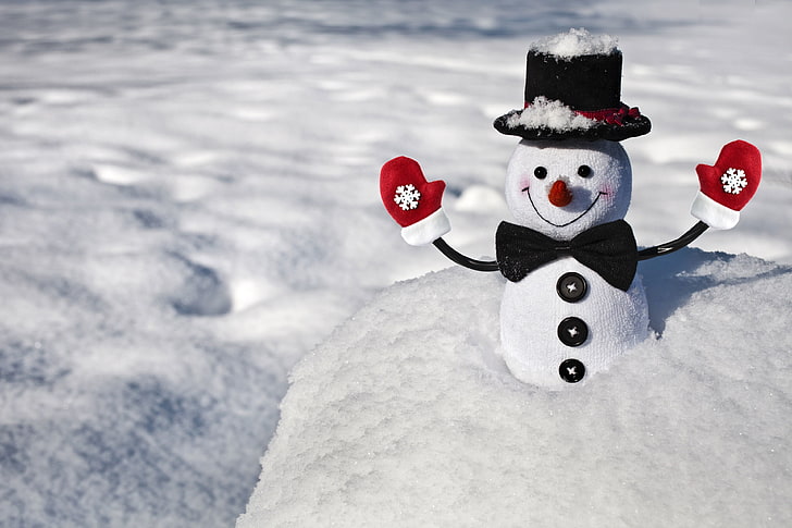 snowman decor, winter, snowflakes, smile, background, Wallpaper, HD wallpaper