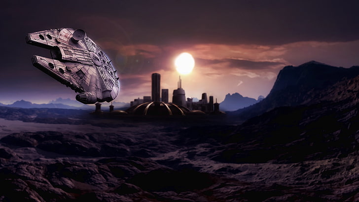 Star Wars Falcon Millenium digital wallpaper, planet, station