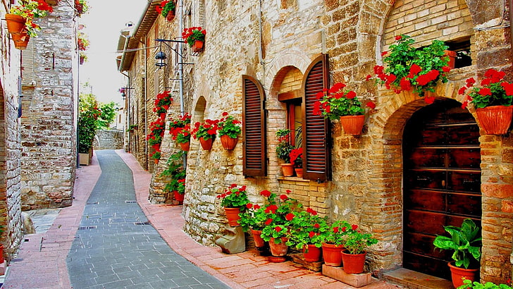 brown bricked house, walkway, photograph, umbria, perugia, assisi