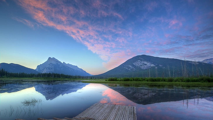 lake, mountains, reflection, sky, landscape, nature, pier, evening, HD wallpaper