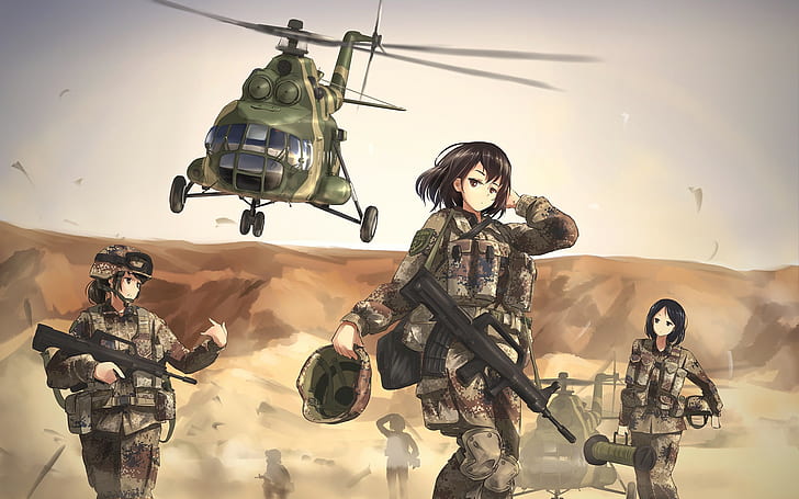 women, anime girls, military, TC1995, girls with guns, helicopters, HD wallpaper