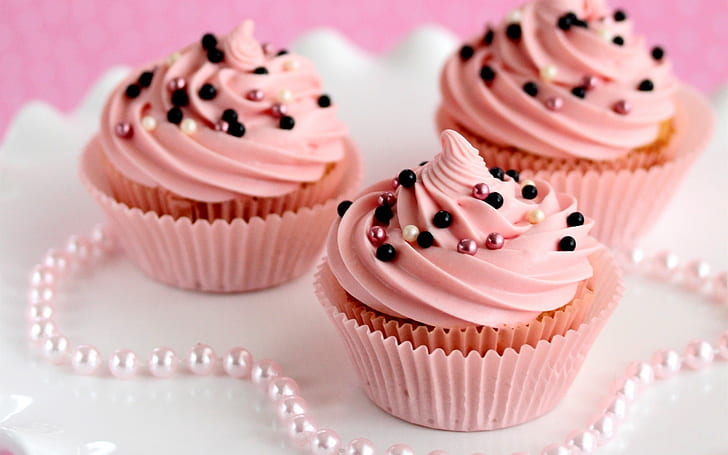 Dessert, cupcakes, cream, pink, pearls