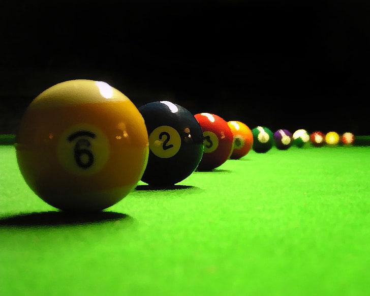 billiard balls and green pool table, billiards, spheres, number