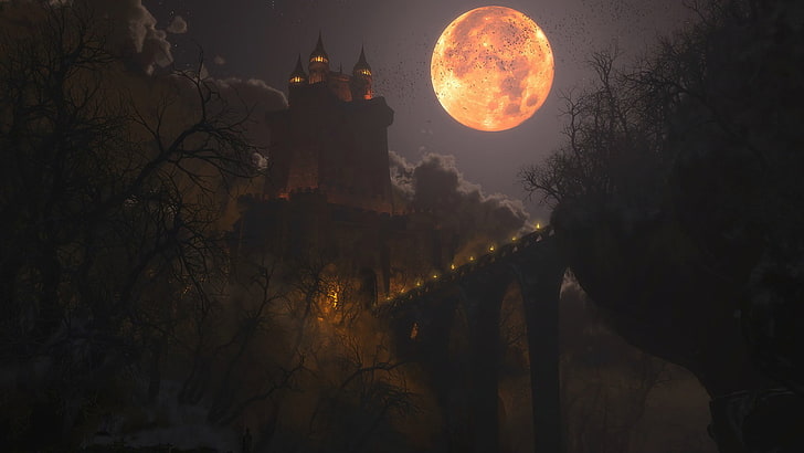 Castles, Artistic, Dark, Dracula's castle, Haunted, Moon, Scary, HD wallpaper
