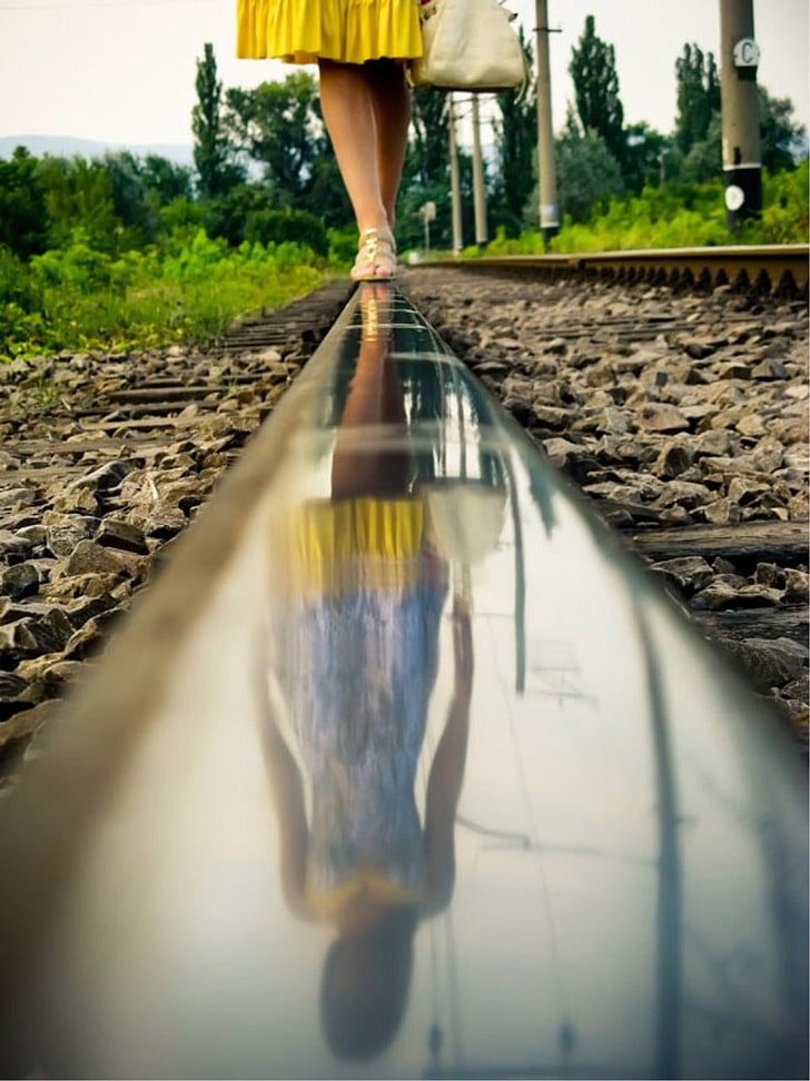 railroad track, nature, water, transportation, reflection, day, HD wallpaper
