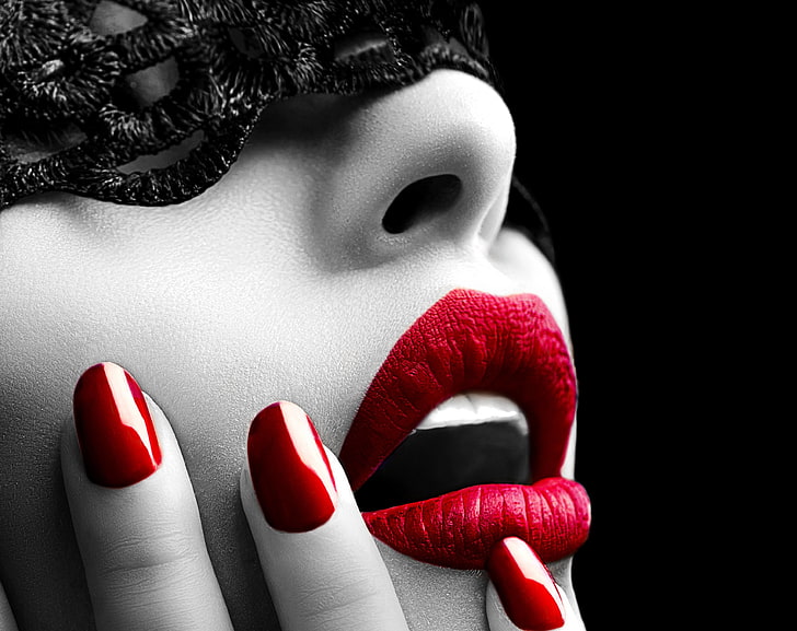 Contrast, red nail polish, Girls, Beautiful, People, Woman, Face