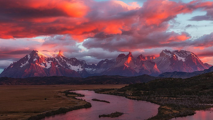 mount scenery, pink sunrise, pink sky, peak, peaks, patagonia, HD wallpaper