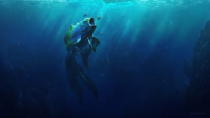 blue and green fish, Desktopography, water, digital art, artwork
