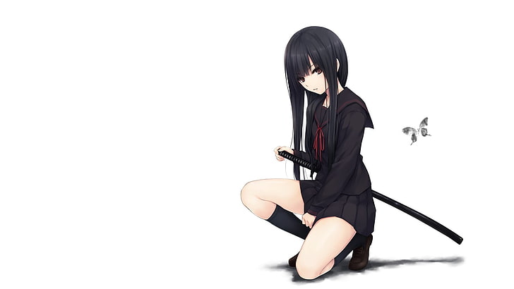 female animated character holding black sword wallpaper, school uniform