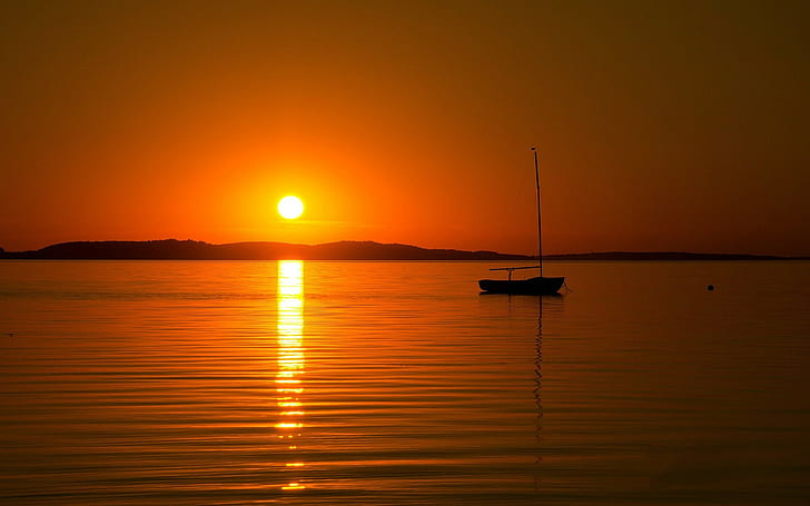 sunset, silhouette, boat, sea, Golden Hour, reflection, sunlight