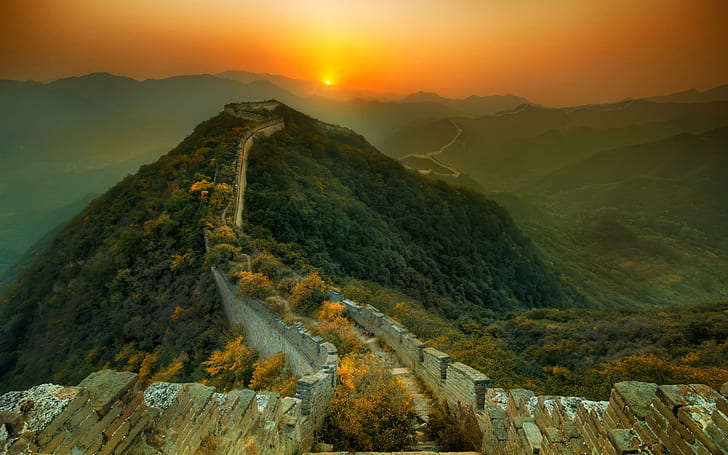 China Wall, landscape nature painting, view, lovely, hills, the great wall of china