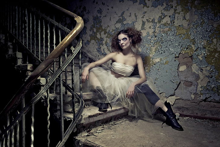 stairs, ruin, women, model, HD wallpaper