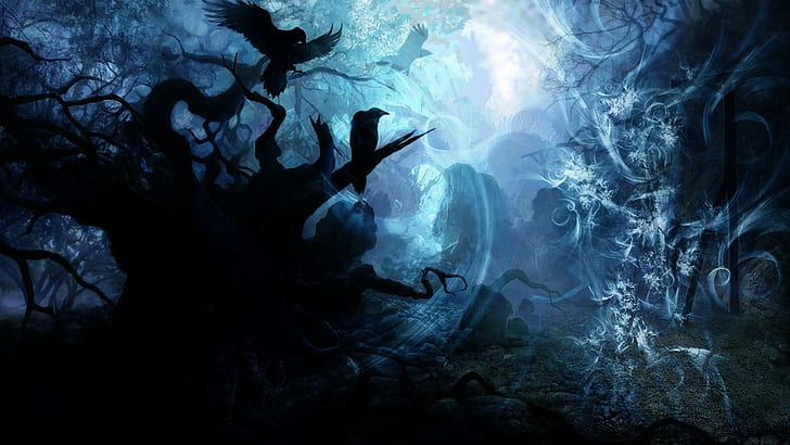 silhouette of tree and crows digital wallpaper, fantasy art, birds, HD wallpaper