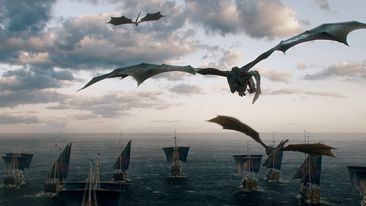 dragon and boats illustration, TV Show, Game Of Thrones, sky