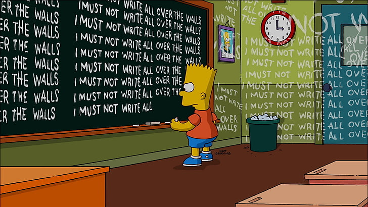 Bart Simpson, text, indoors, board, no people, multi colored, HD wallpaper