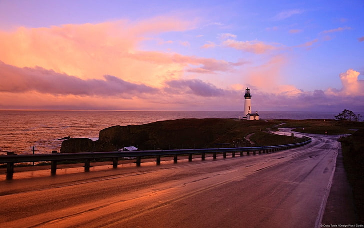 gray road guard, lighthouse, sea, coast, sunset, sky, cloud - sky, HD wallpaper