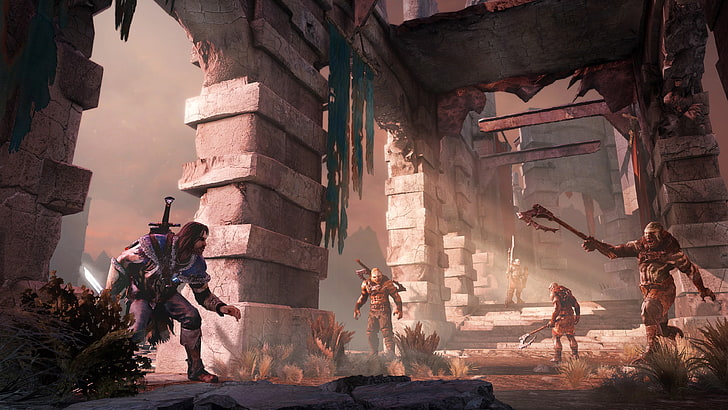 four men holding weapons under pillars digital wallpaper, Middle-earth: Shadow of Mordor