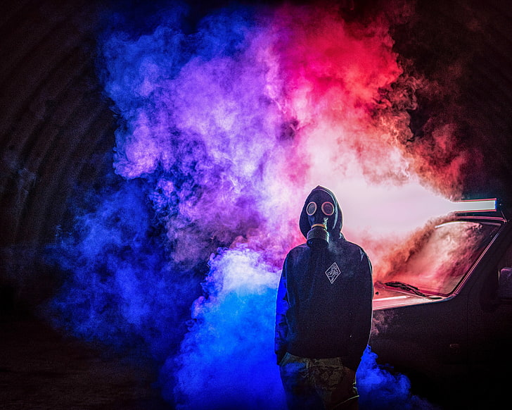 man wearing gas mask digital wallpaper, smoke, colorful, smoke - Physical Structure