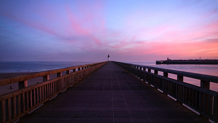pier, lighthouse, horizon, sea, sky, morning